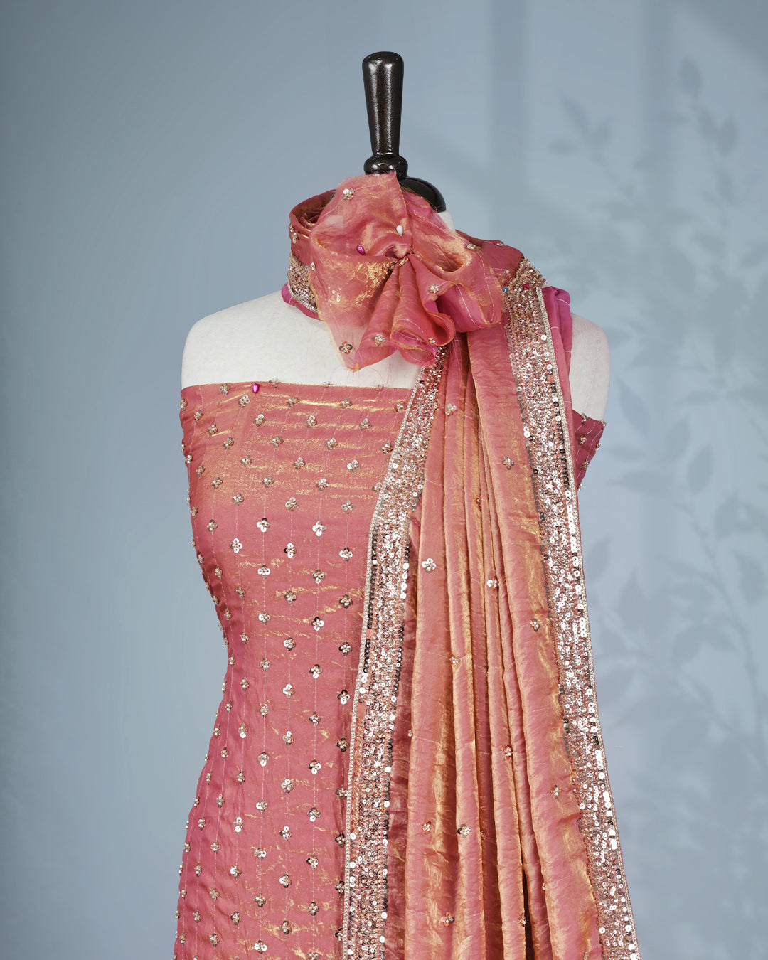 Pink & Gold double shade colour salwar material with Cut beats & sequins work on body, Matching Bottom & dupatta.
