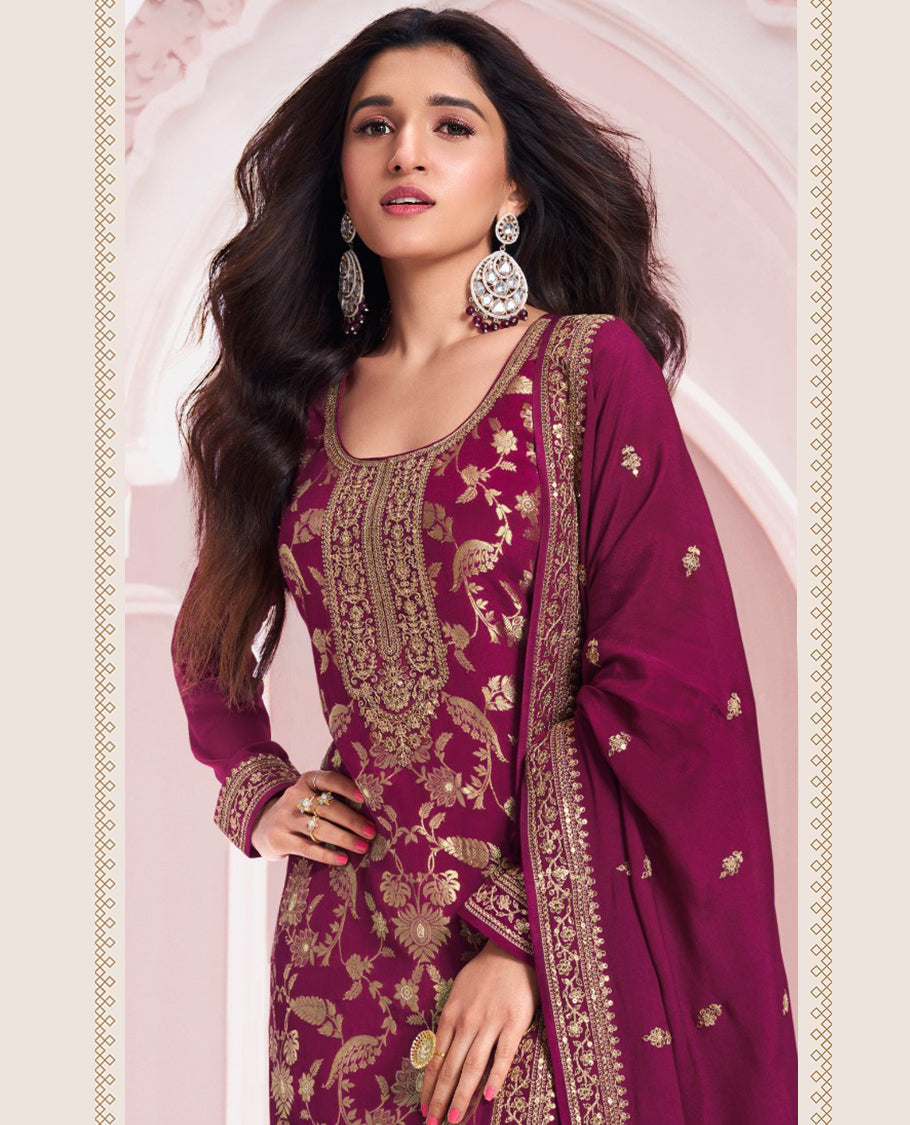 Wine Colour Chinon jacquard top, paired with an embroidered Santoon bottom and matching embroidered Chinon dupatta