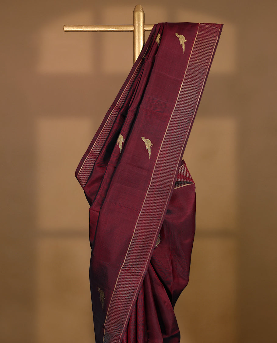 Maroon Colour Pure Kancheepuram Traditional Silk Saree having Parrot Work in Body with Border and Blouse
