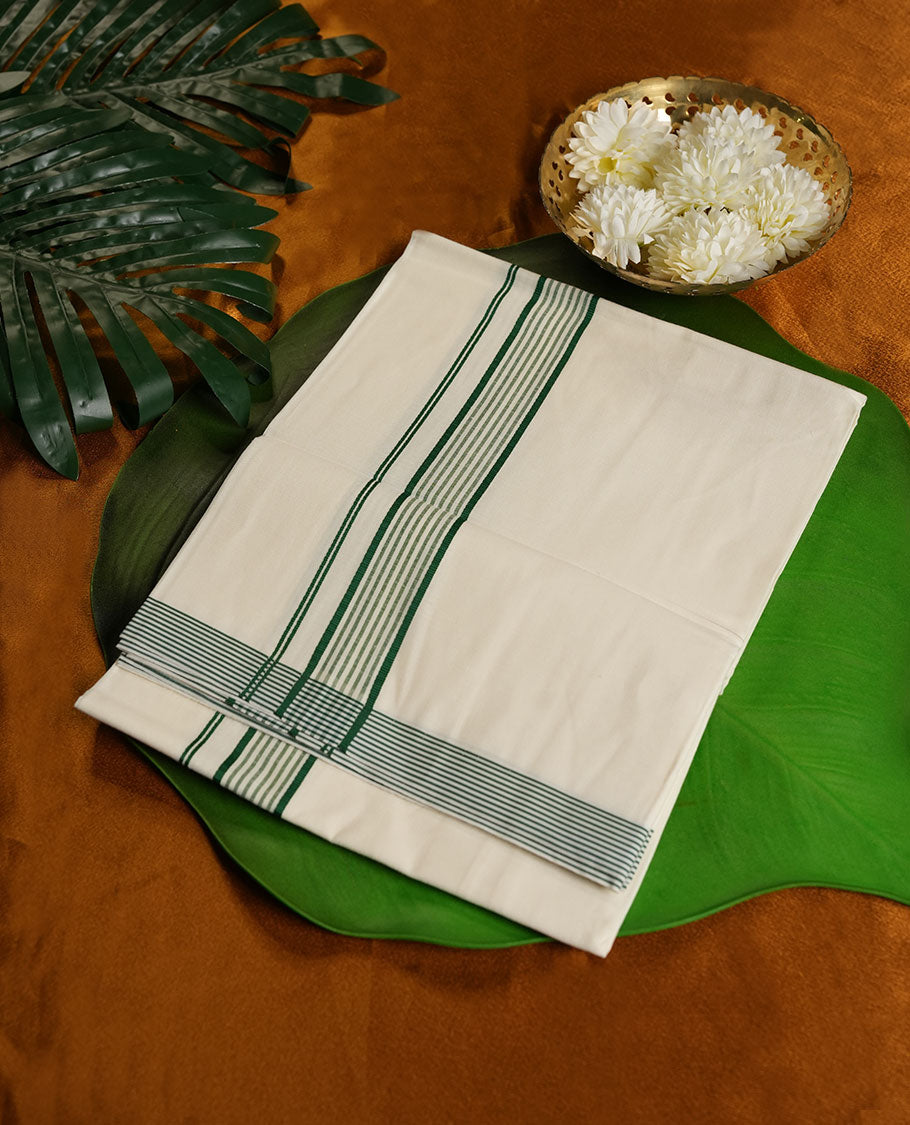 Cream Colour Pure Cotton single Dhoti with Dark green Colour Border for Men