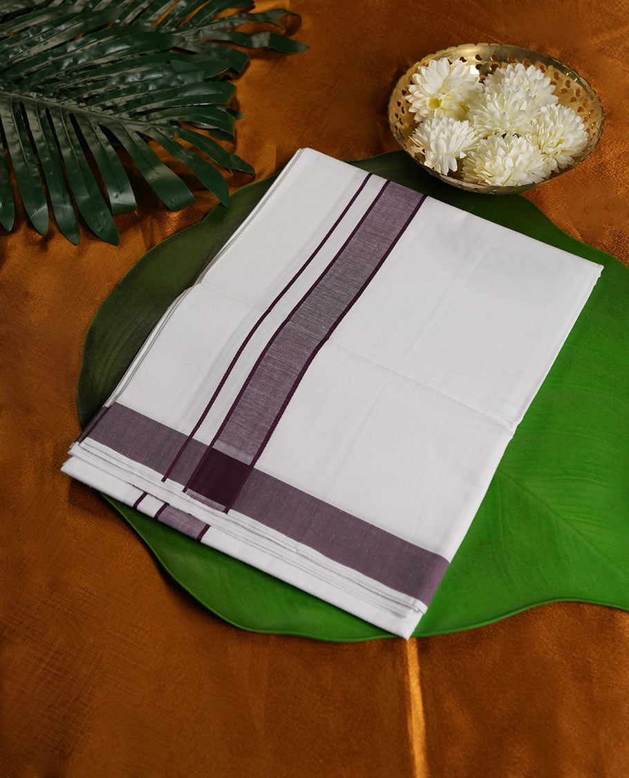 White Colour Pure Cotton single Dhoti with burgundy Colour Border for Men