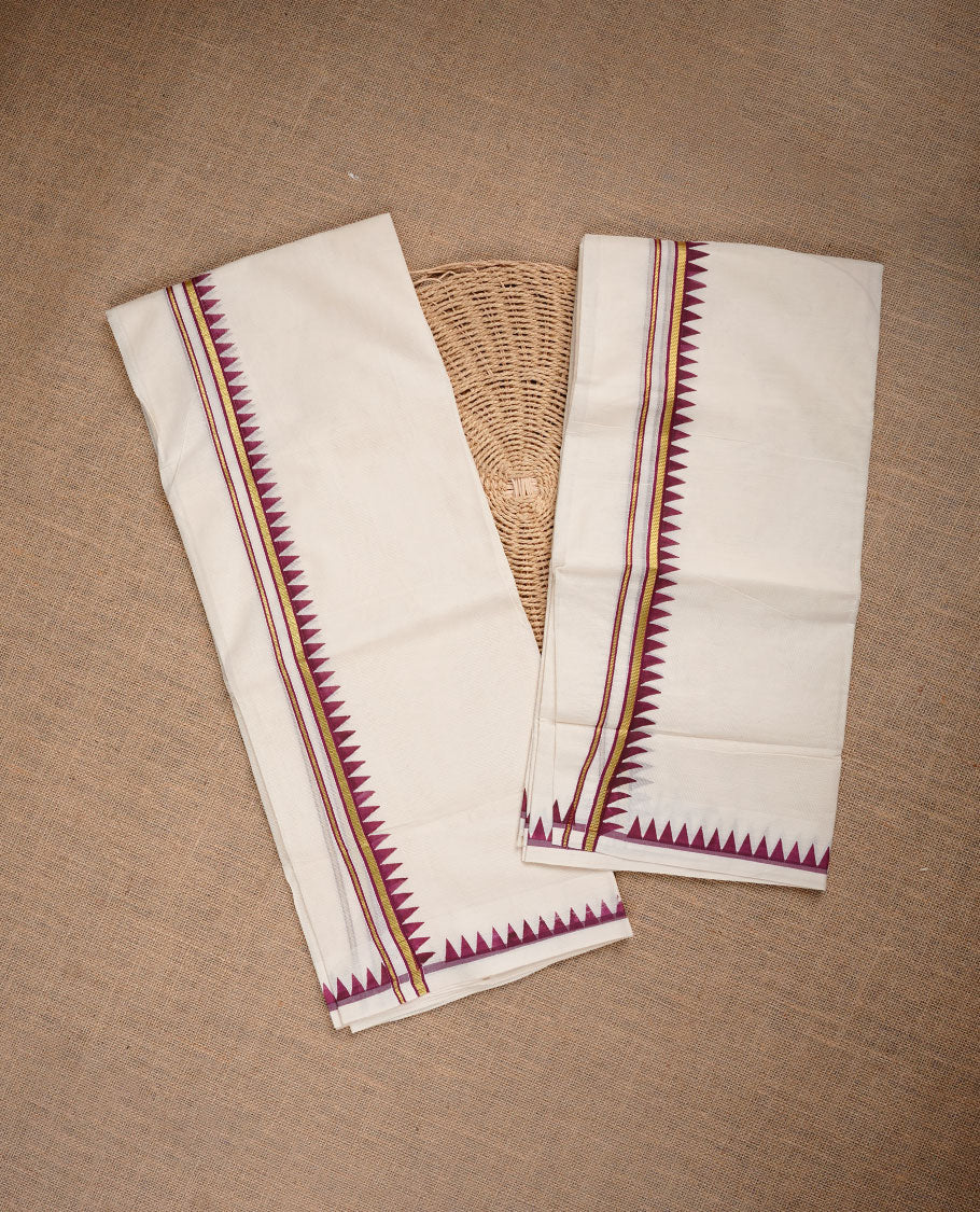 Cream colour cotton set mundu highlighting gold zari border with maroon temple print.