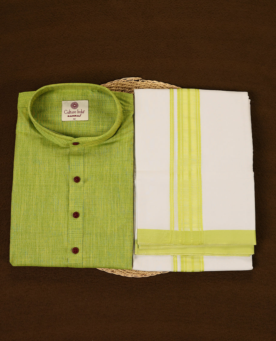 Lime green short kurta and white dhoti set featuring a matching lime green zari border designed for a vibrant and traditional look perfect for festive and cultural celebrations