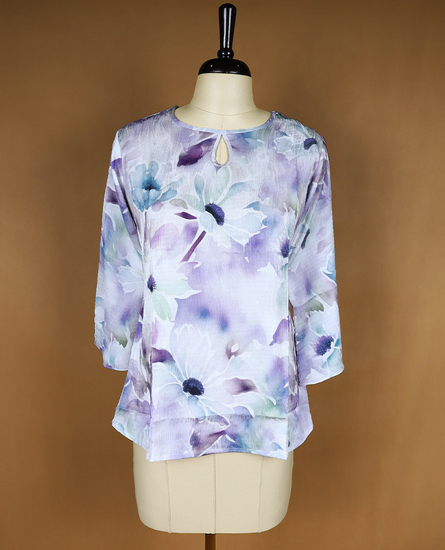 Light Purple Colour Readymade Floral Printed Short Top For Women with 3/4th Sleeves