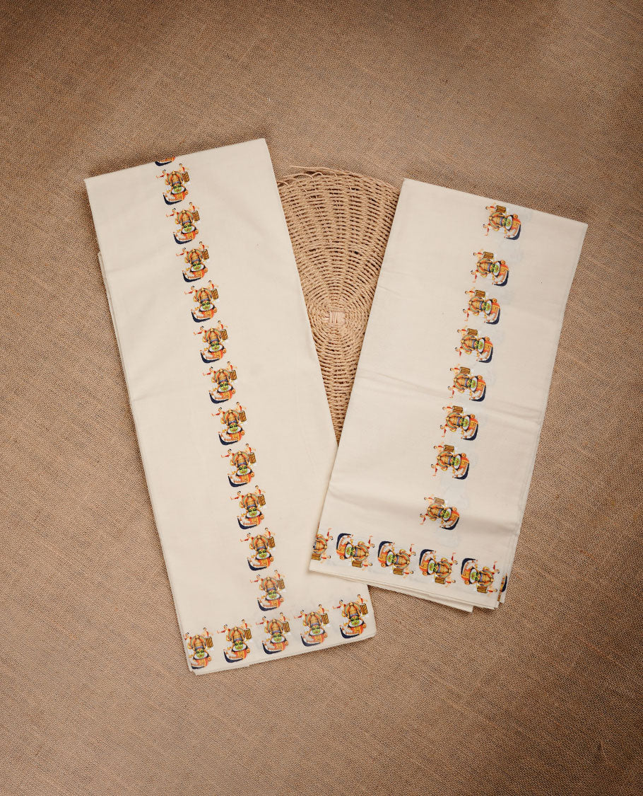 Cream colour cotton set mundu highlighting Indian culture printed pattern border.