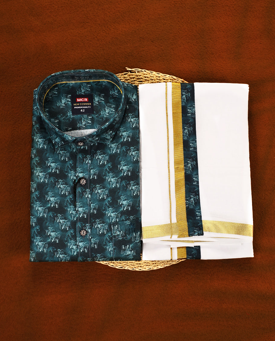 Deep teal green colour MCR full sleeve shirt featuring all over abstract prints, paired with a white dhoti adorned with a rich golden zari kara and a matching deep teal printed border.