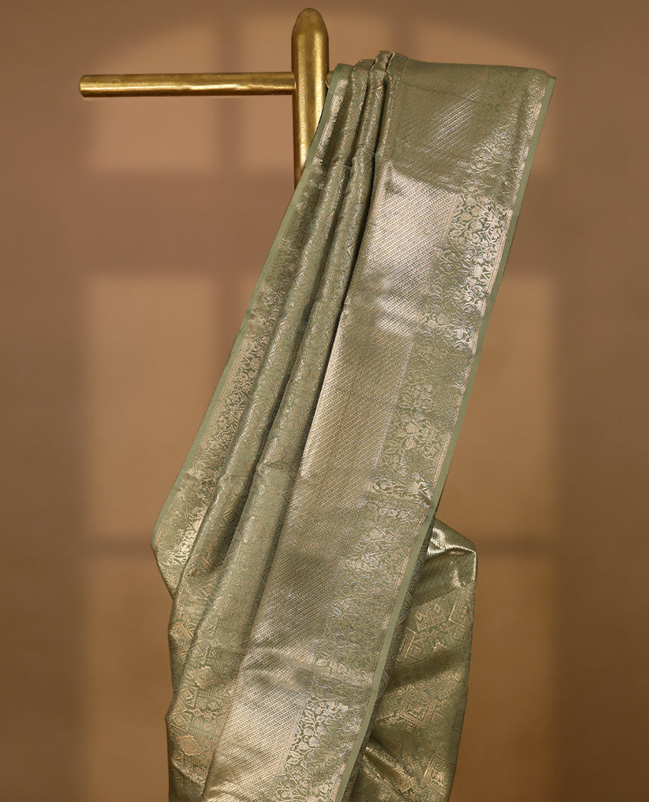 Pastel Sage Green Colour Kancheepuram Wedding Silk Saree having Zari Worked Body and Border with Self Coloured Blouse