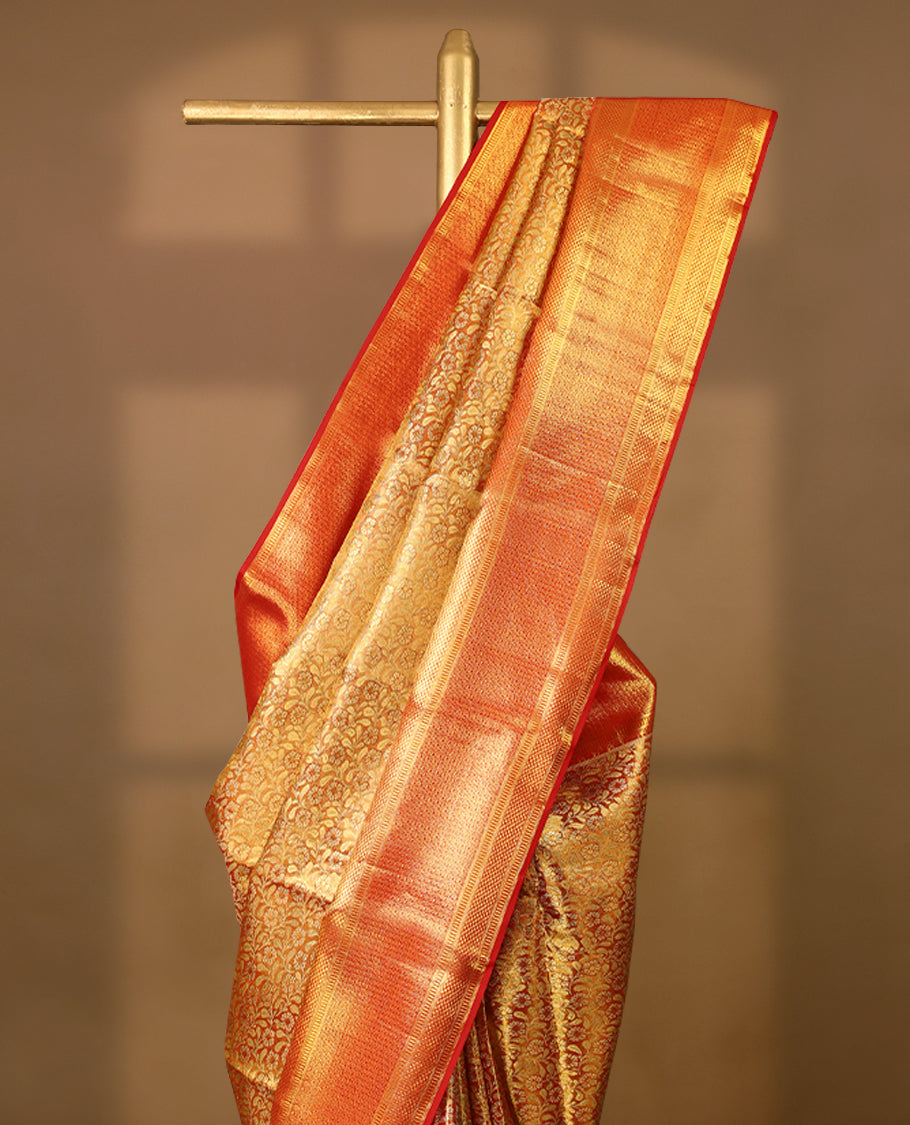 Golden Colour Pure Tissue Wedding Saree having Zari Jaal Body with Bright Red Brocade Border and Blouse