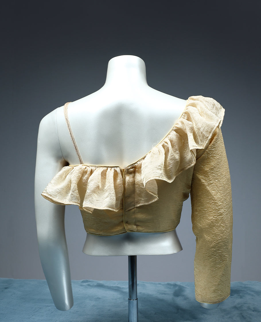 Cream Colour, Single Sleeve Frill Design, Padded, Ready Made Blouse.