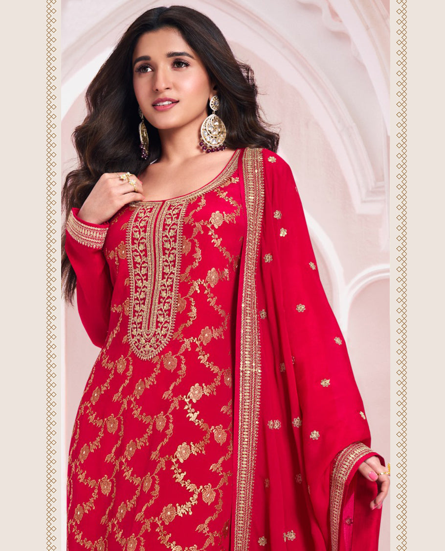 Red Chinon jacquard top, paired with an embroidered Santoon bottom and matching embroidered Chinon dupatta