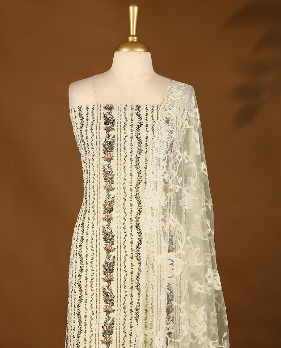 Cream Colour, Thread Worked Top having Dark Colour Prints with Bottom and Thread Worked Dupatta