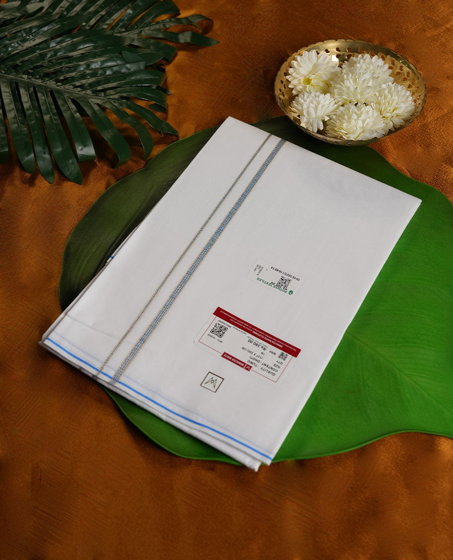 White Colour Minister White Pure Cotton single Dhoti with Gold and Blue Colour Border for Men