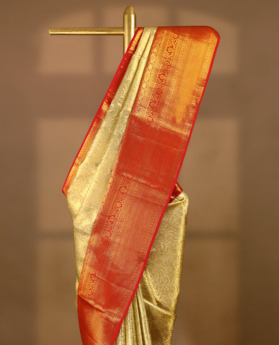 Light Gold Colour Tissue Wedding Silk Saree having Flora Jaal Worked Body with Contrast Border and Blouse