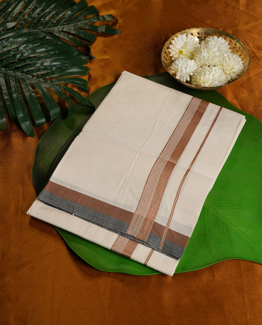 Cream Colour Pure Cotton single Dhoti with Brown Colour Border for Men