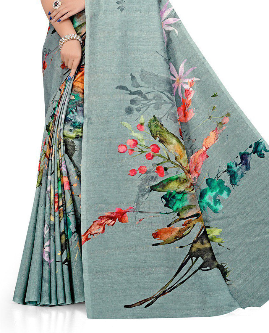 Light Steel blue Semi linen saree featuring vibrant multicolour floral digital prints on body and pallu, paired with a matching blouse.