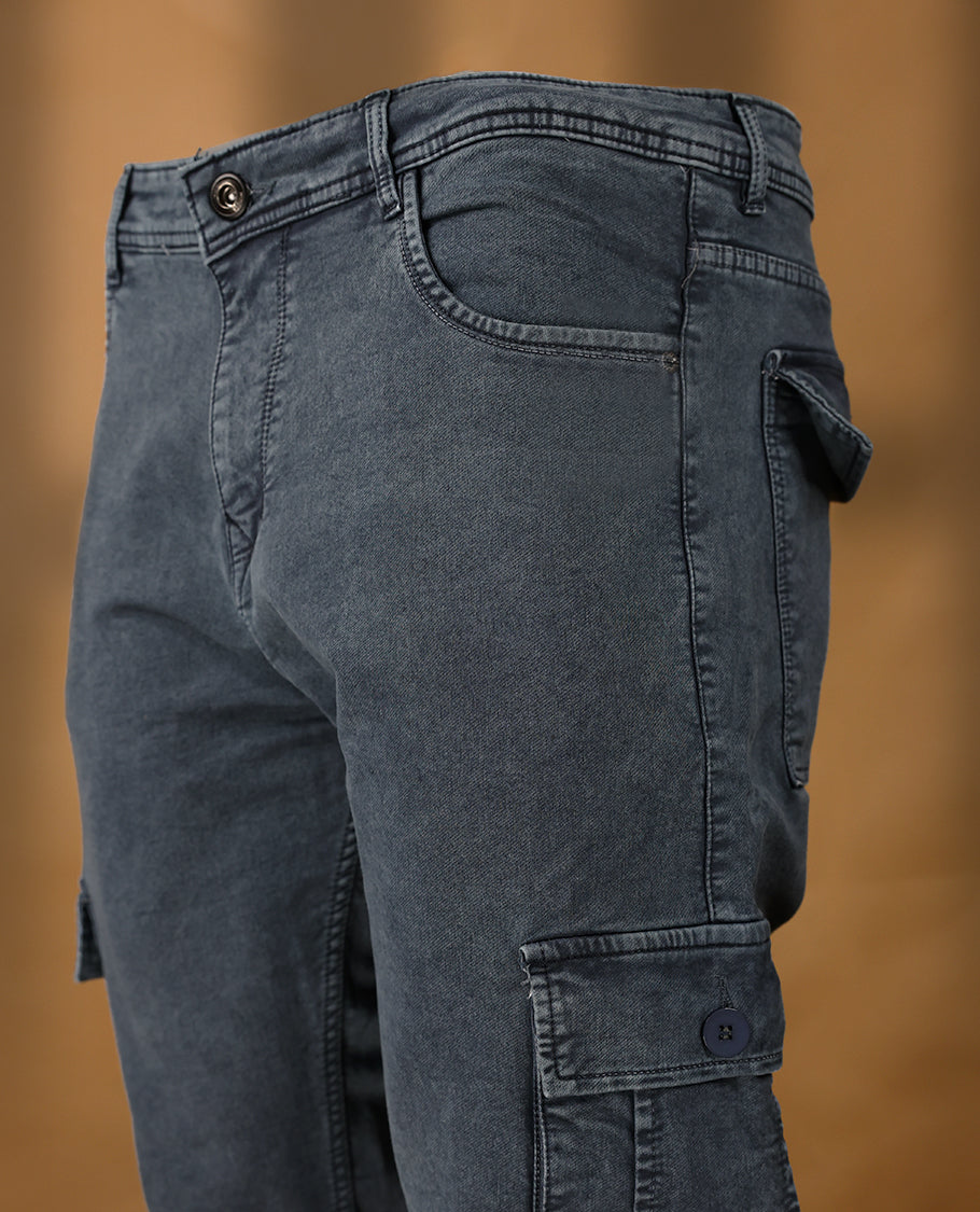 Ash Blue colour High Quality HMN JNS Denim baggy cargo round pocket for men.