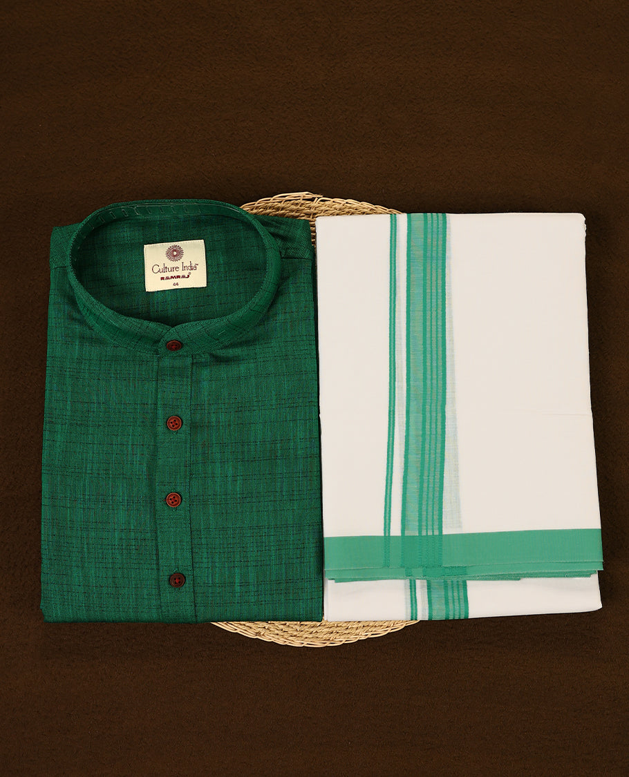 Dark green short kurta and white dhoti set featuring a matching green zari border designed for a graceful and ethnic appearance perfect for festive and traditional occasions