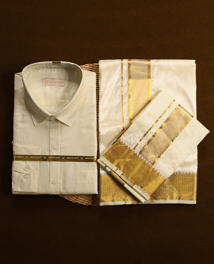 Cream gold coloured silk wedding shirt, dhoti, and towel set from MINISTER WHITE, featuring a gold zari border.