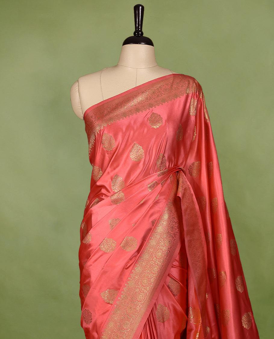 Peach Colour Semi Banarasi Saree having Golden Buttas in Body with Worked Border and Blouse