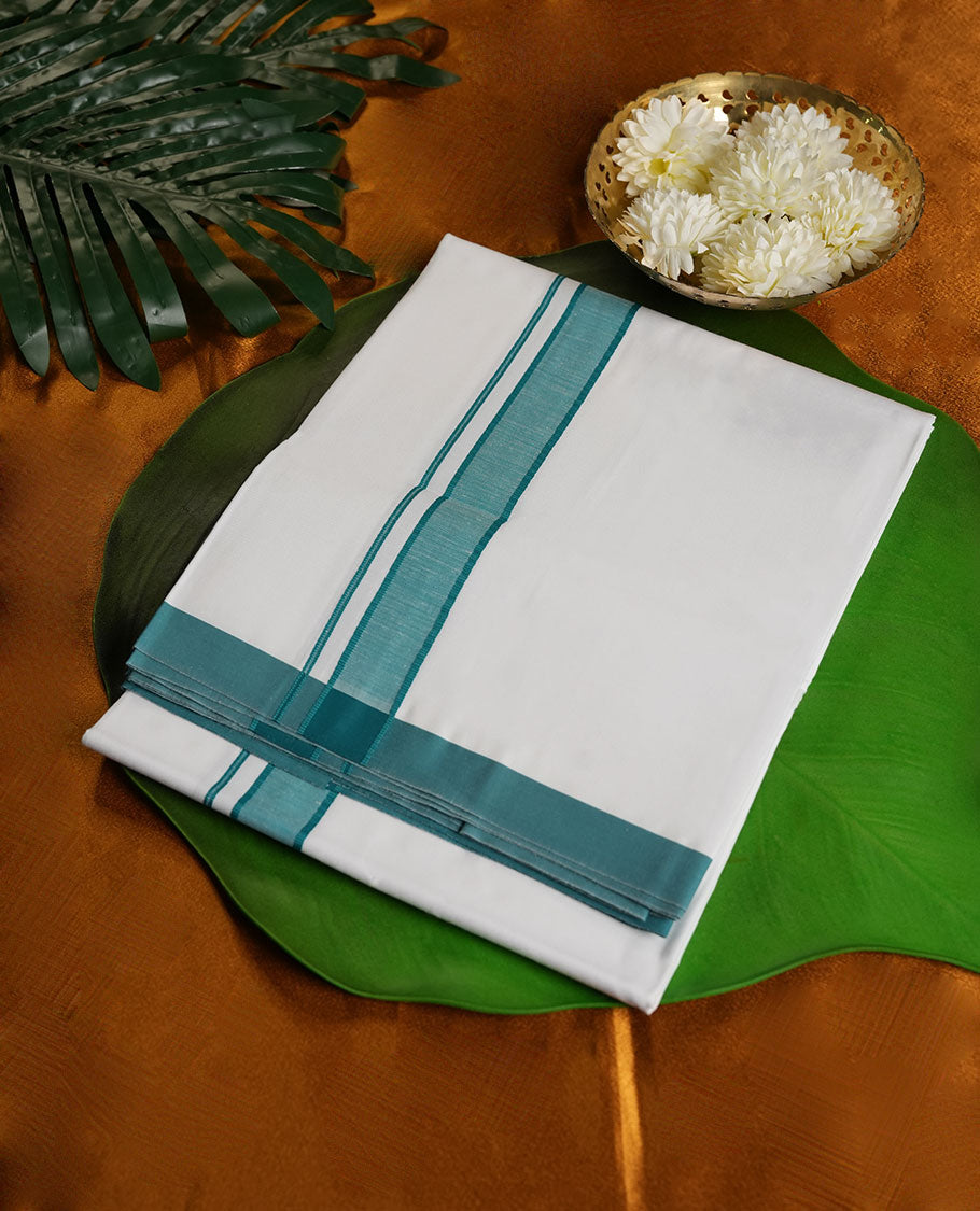 White Colour Pure Cotton single Dhoti with green Colour Border for Men