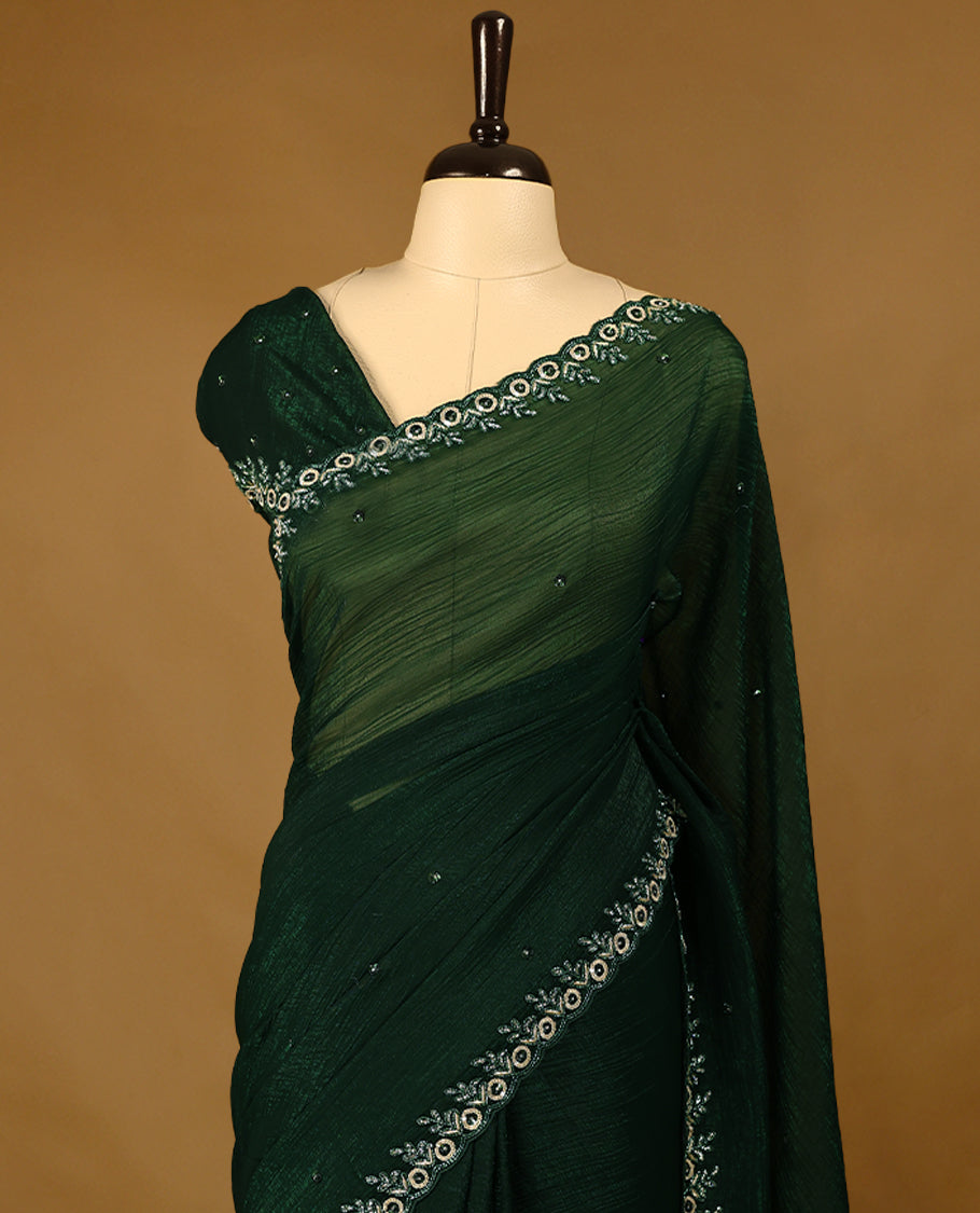Bottle Green Colour Designer Saree having Stone and Sequence Worked Body with Worked Border and Blouse