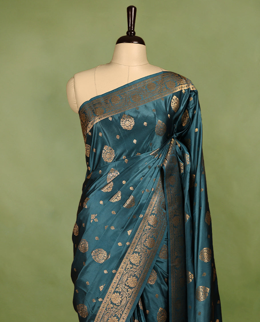 Teal Blue Colour Semi Banarasi Saree having Golden Buttas in Body with Worked Border and Blouse
