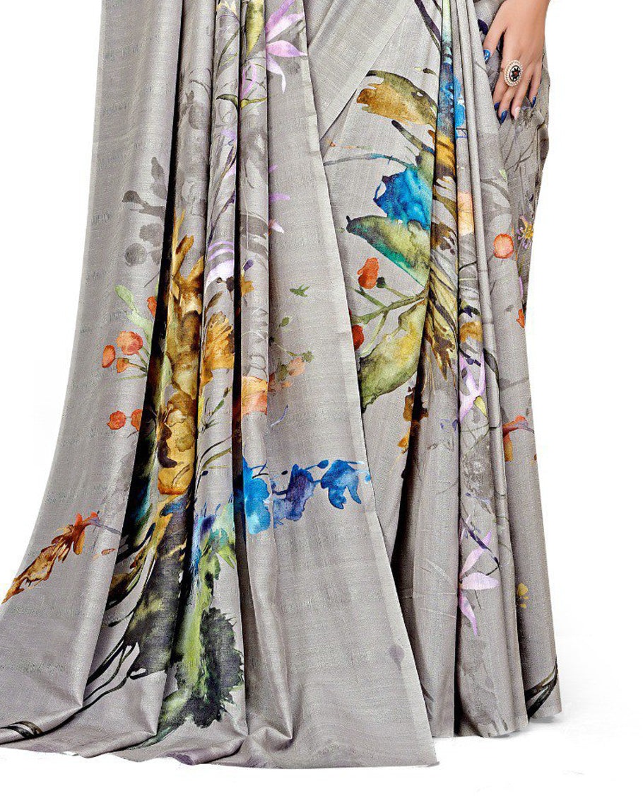 Grey colour Semi linen saree featuring vibrant multicolour floral digital prints on body and pallu, paired with a matching blouse.