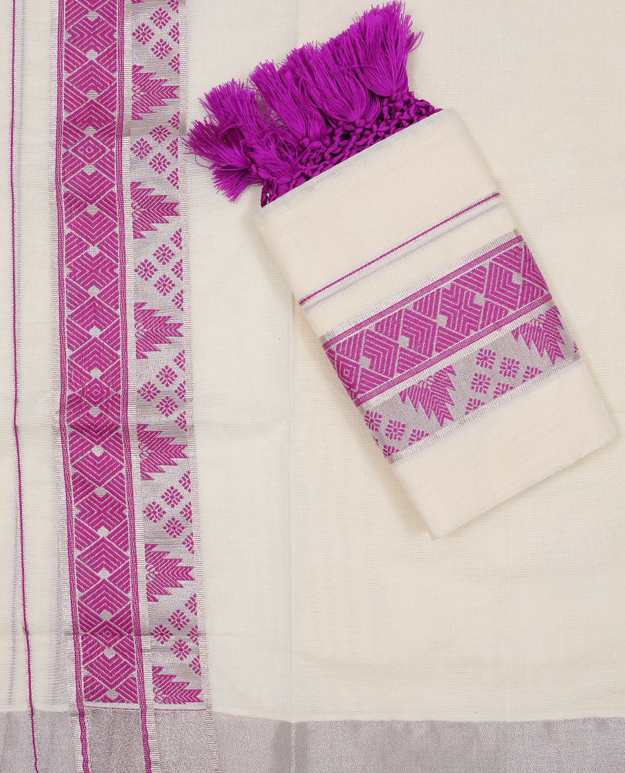 Off white colour Cotton Set Mund featuring a plain body, enhanced by a pink traditional woven border with geometric motifs.