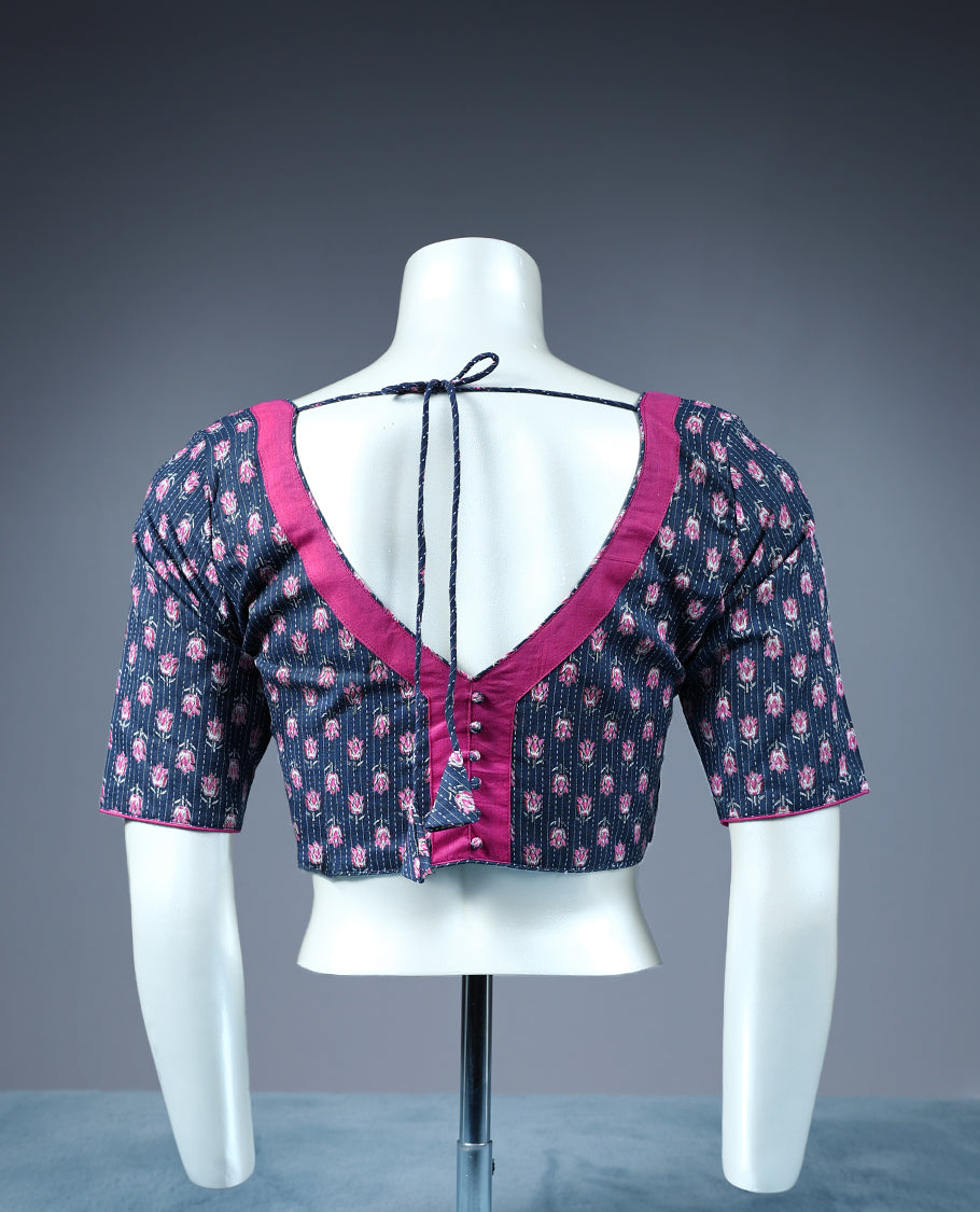 Mid Night Blue Colour Pink Flower Print, Curved V Neck, 2/4th Sleeves, Padded, Ready Made Blouse.