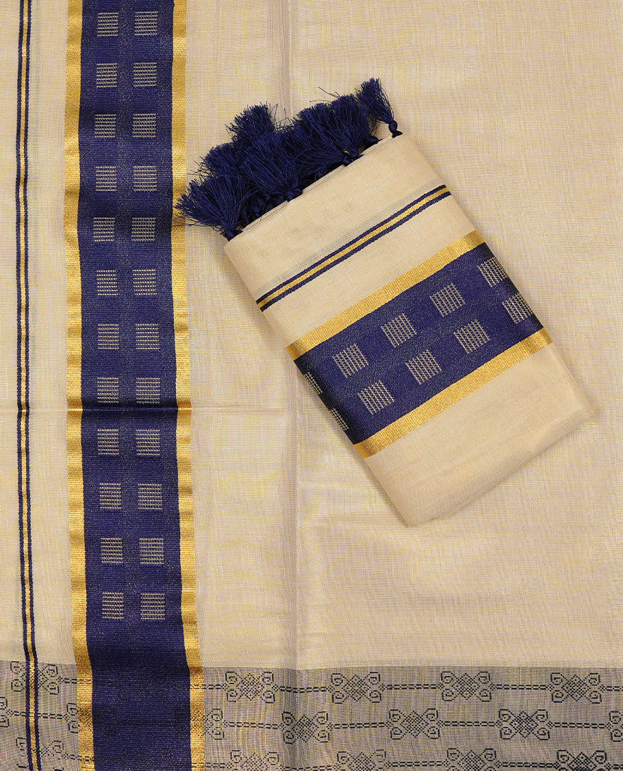 Cream colour Tissue silk set mund Featuring Elegant plain body, Complemented by gold zari on blue colour border.