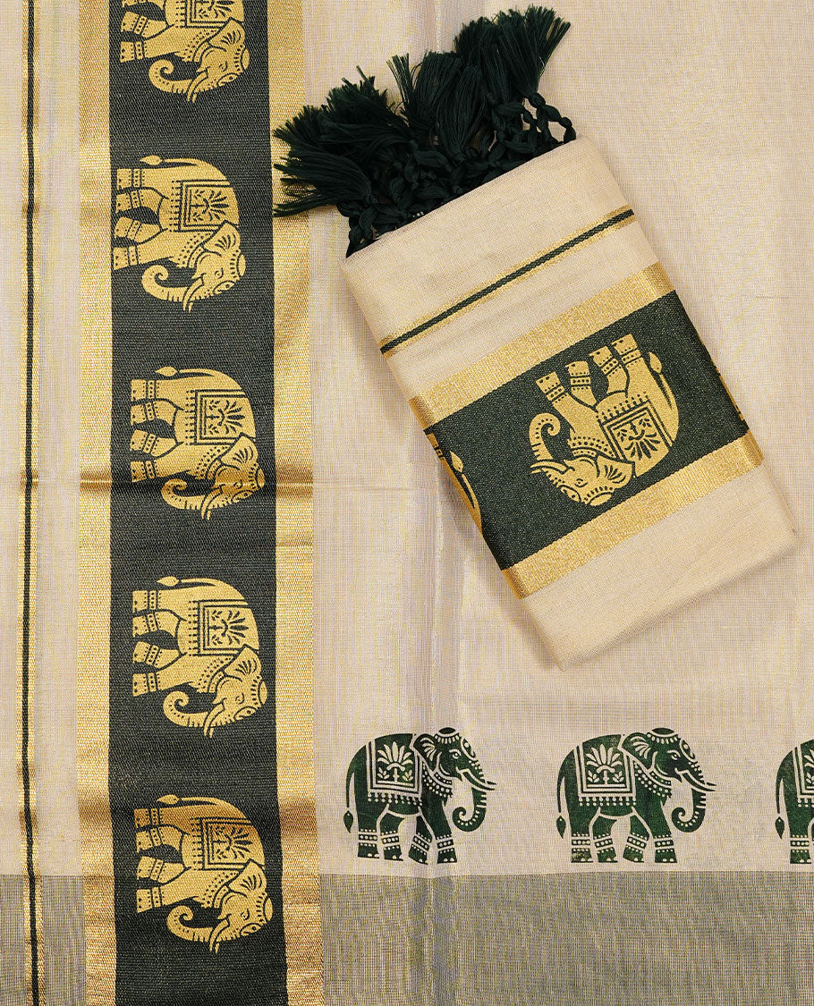 Cream colour Tissue silk set mund Featuring Elegant plain body, Complemented by Elephant print on zari with green border.