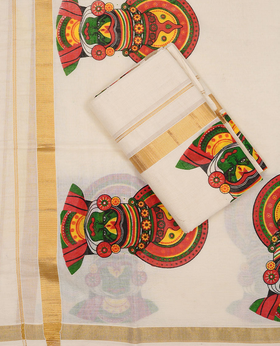 Off white colour Cotton Set Mund featuring a plain body, enhanced by a Indian culture art form print on border.