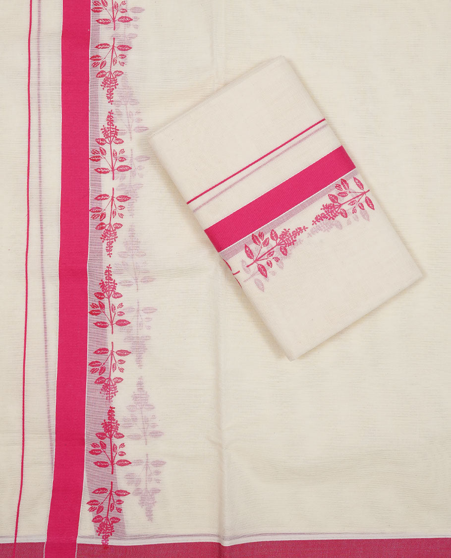 Off white colour cotton Set Mund featuring a plain body, enhanced by a pink floral printed border.