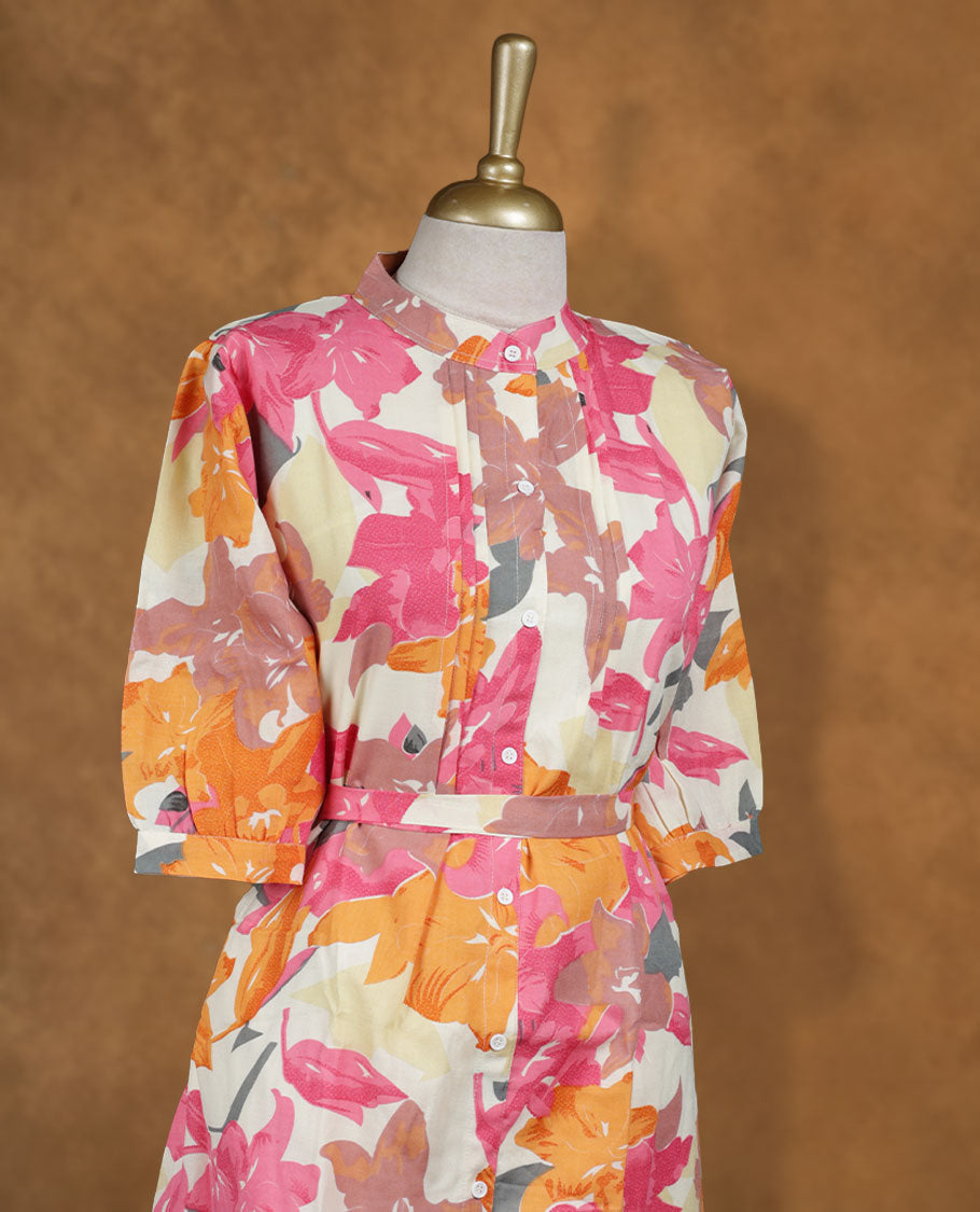 Multicolour floral printed knee-length shirt dress with band collar, pintuck-detailed yoke, front button placket, attached waist belt, and half sleeves