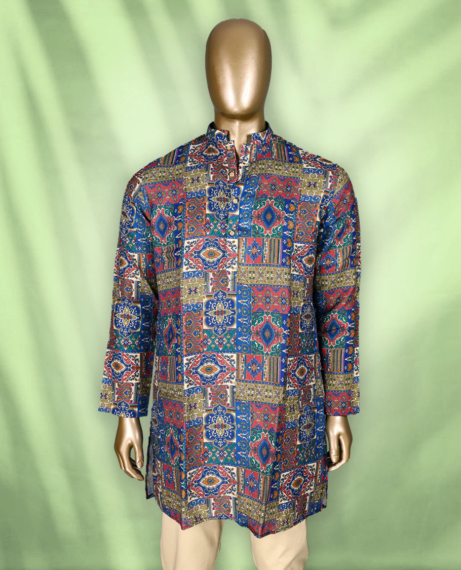 Multicolour men's kurta featuring an ethnic patchwork print, Mandarin collar, buttoned neck placket, and full sleeves for a vibrant traditional look.