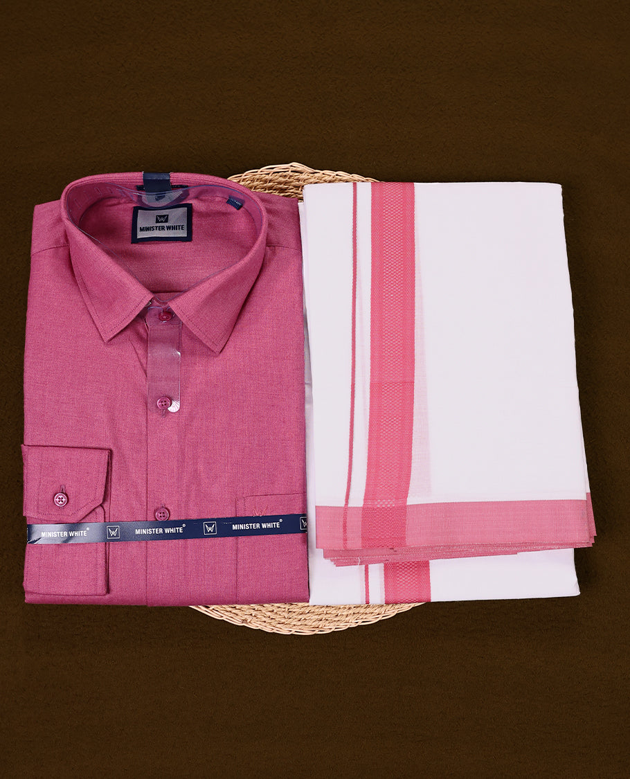 Deep Pink Colour full sleeve shirt and white dhoti set featuring a coordinated Pink zari border designed for a stylish and traditional look ideal for festive and cultural occasions