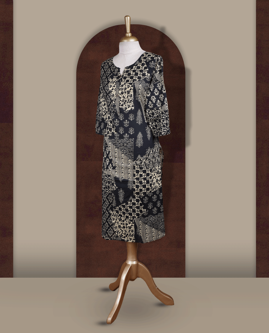 Black colour kurthi featuring elegant beige block prints in a mix of traditional patterns & Designed with a round neckline, button placket, and 3/4 sleeves.