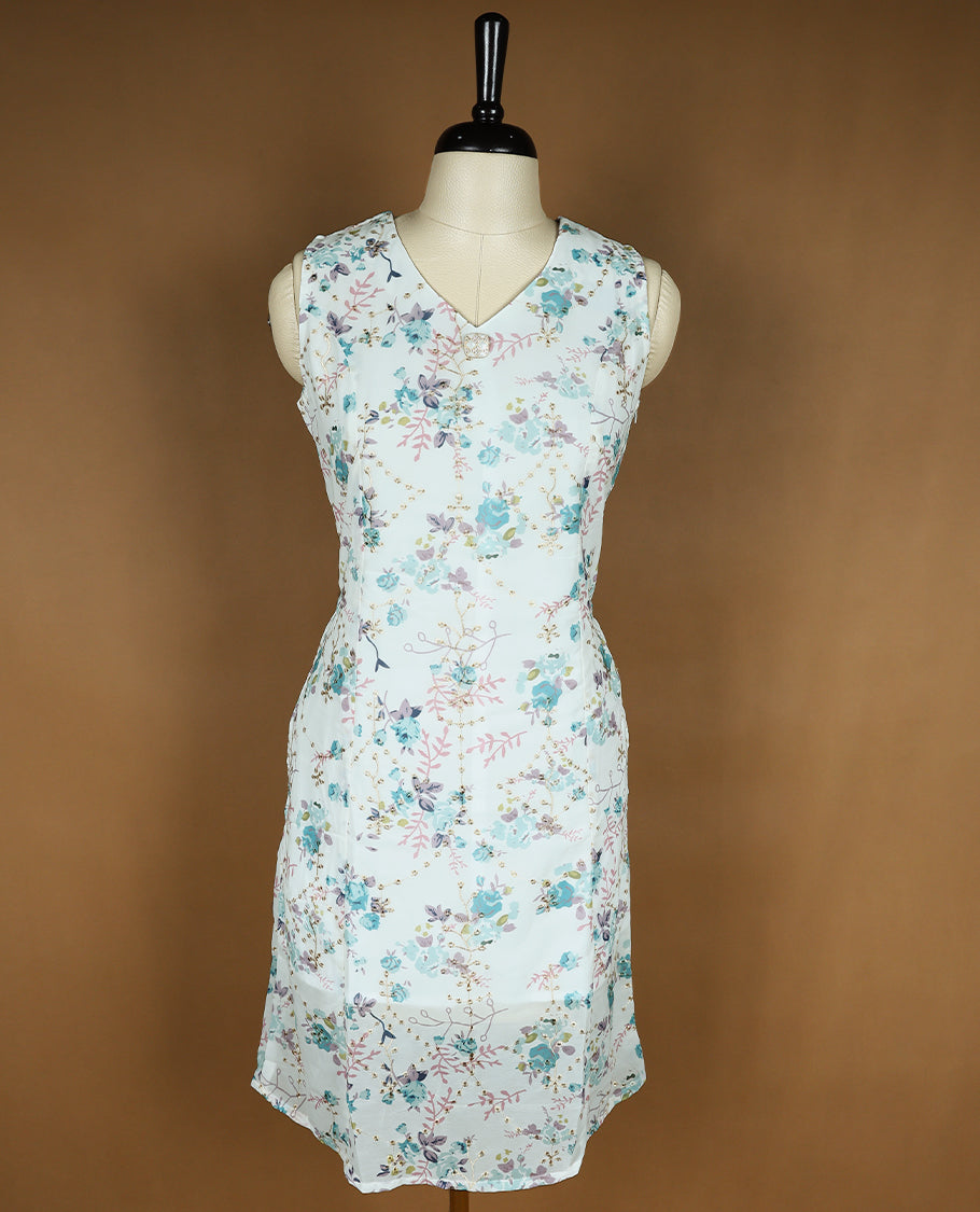 White Colour Readymade Sleeveless Top with Floral Jaal work For Women