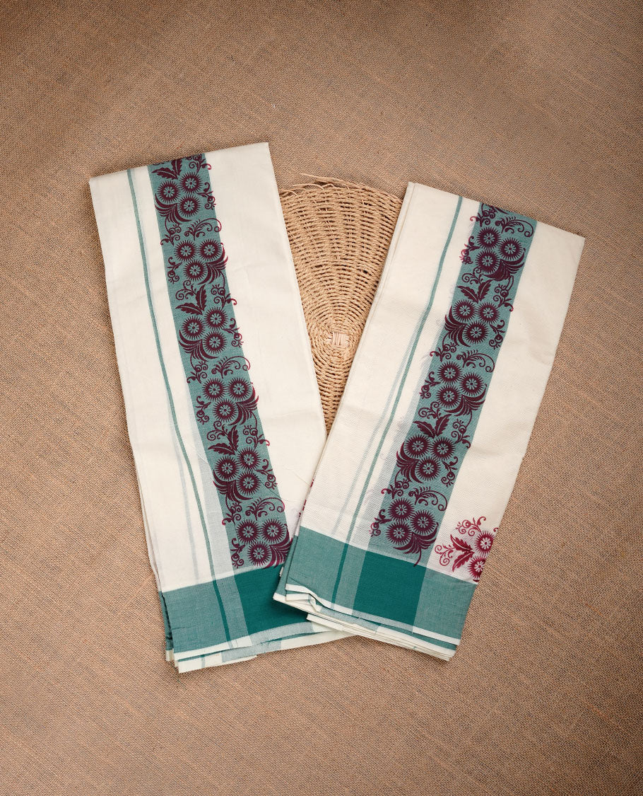 Cream colour cotton set mundu highlighting green colour border with maroon colour floral print