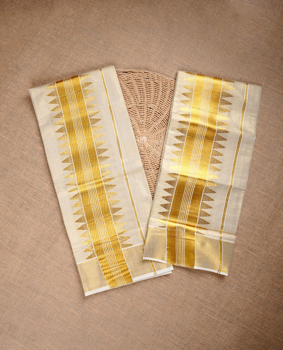 Light Gold colour tissue set mundu highlighting gold zari temple pattern traditional border
