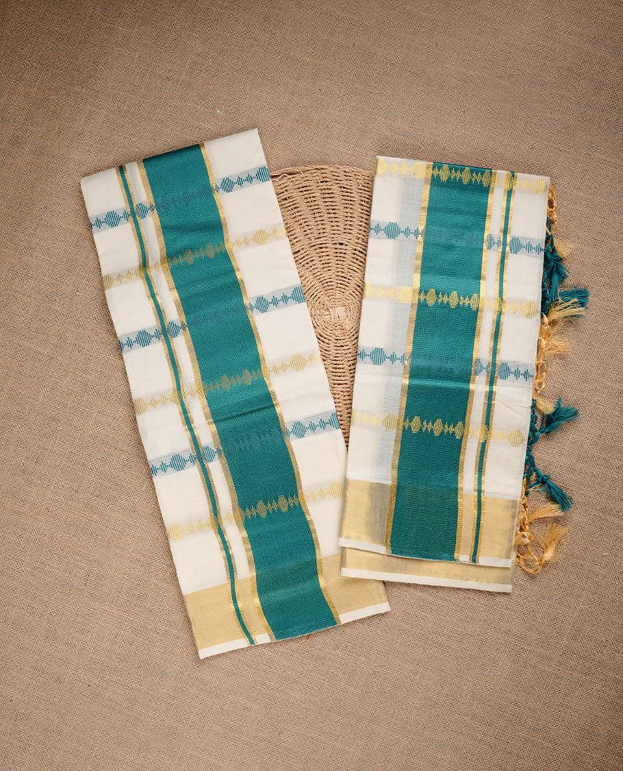 Cream colour cotton set mundu highlighting gold zari border with green and gold pattern.