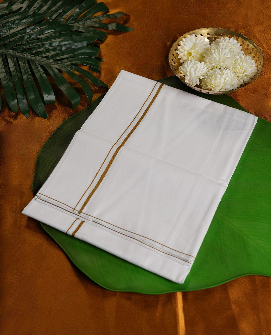 White Colour Pure Cotton single Dhoti with gold Colour simple Border for Men
