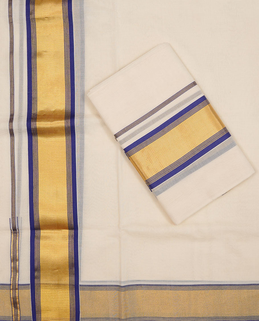 Off white colour Cotton Set Mund featuring a plain body, enhanced by a gold zari border with blue stripes.