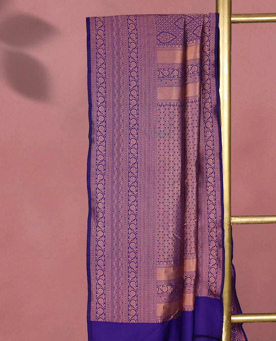 Dark Indigo Kancheepuram Silk Brocade Saree having Brocade Body with Self Coloured Brocade Border and Blouse