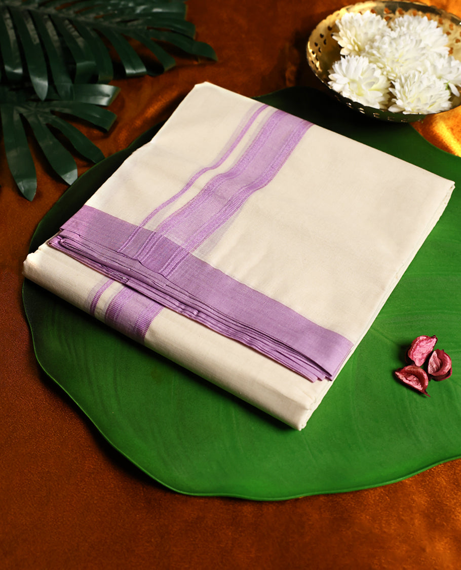Off white colour cotton double dhoti enhanced with a subtle lavender border for a graceful touch, ideal for cultural celebrations, weddings, and festive occasions.