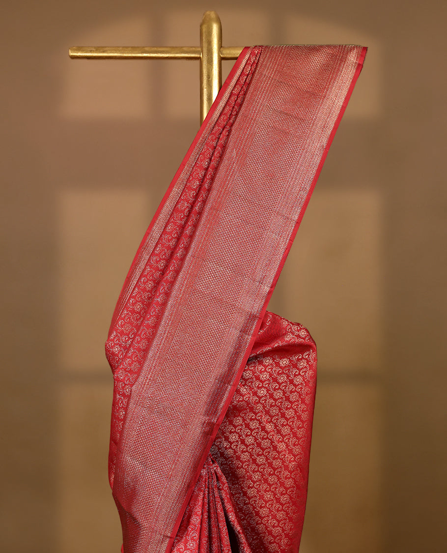 Red Colour Kancheepuram Silk Saree having Floral Jaal Worked Body with Brocade Border and Red Blouse