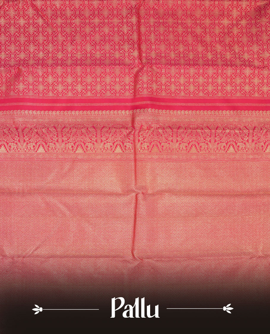 Red Rose colour Kanchipuram pattern Manthrakodi saree featuring floral motifs zari antique gold jacquard kanchipuram traditional small diamond & banarasi zigzag gold zari border and plain blouse piece with zari border.