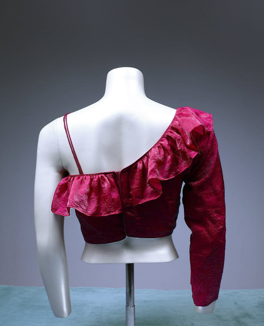 Wine Red Colour, Single Sleeve Frill Design, Padded, Ready Made Blouse.
