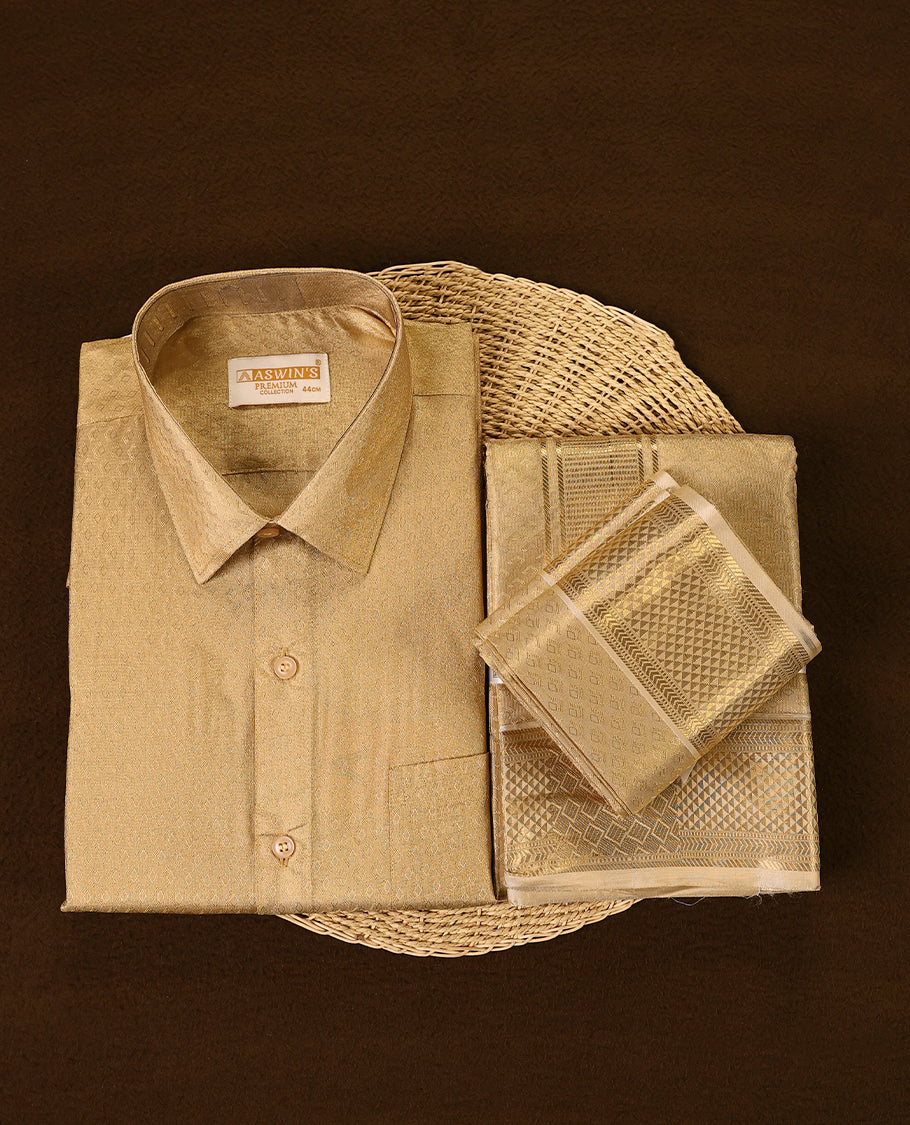 Biscuit Colour wedding set shirt and matching veshti set crafted in rich jacquard fabric with intricate zari patterns offering a luxurious and regal look perfect for grand occasions