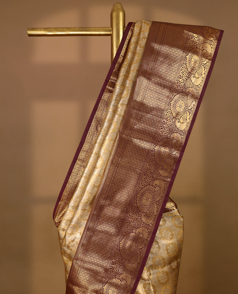 Golden Colour Tissue Semi Silk Saree having Silver Zari Worked Body and Blouse with Dark Brown Border